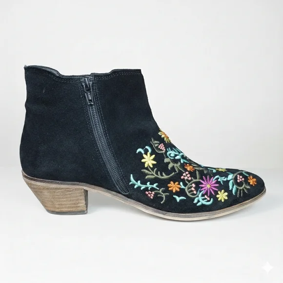 Diba Size 8.5 Booties Embroidered Black Suede Leather Rainbow Floral Western - Picture 5 of 11
